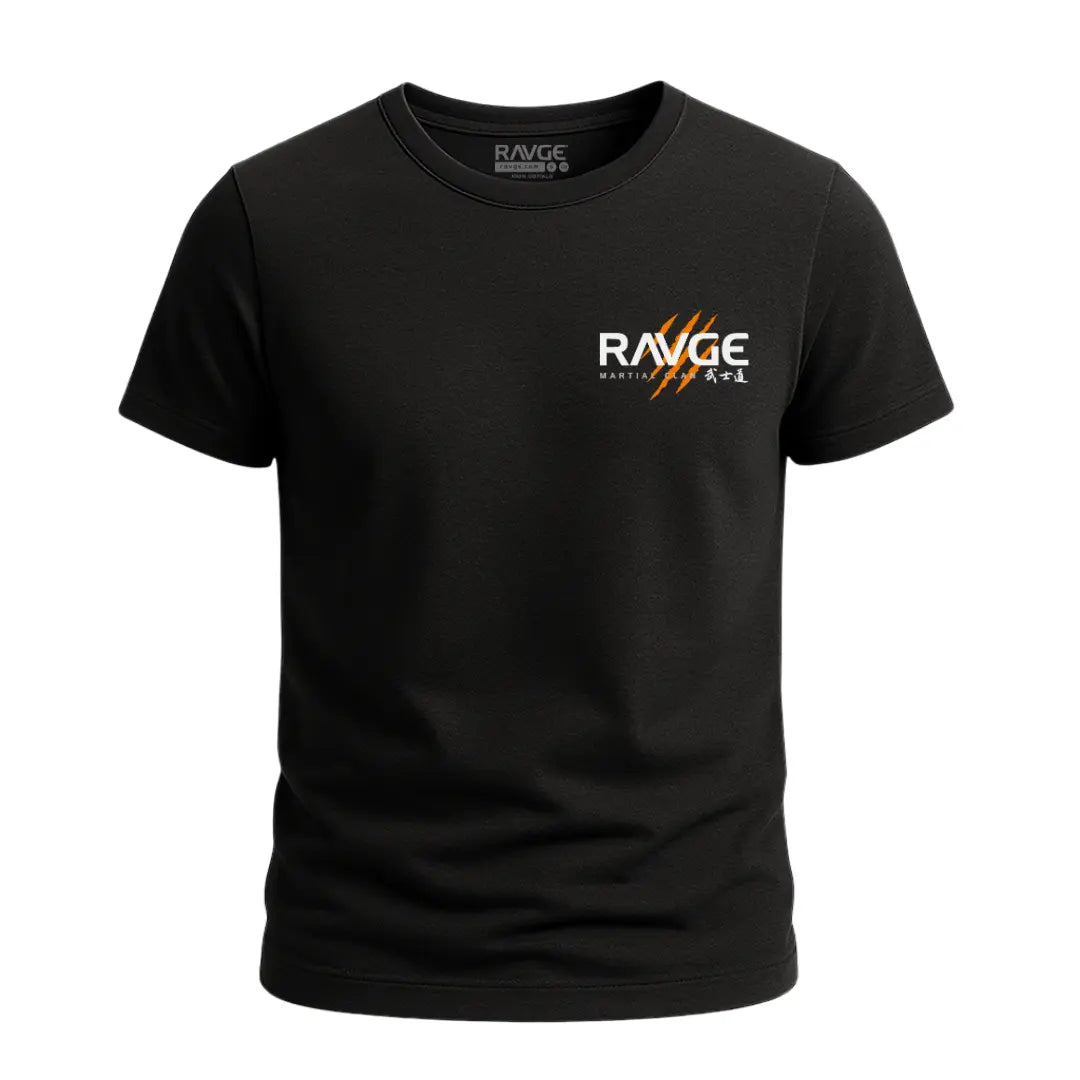 Playera negra RAVGE Tiger Claw con ilustración de tigre y tipografía oriental inspirada en artes marciales.