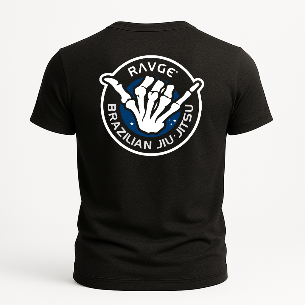 Playera RAVGE Brazilian Jiu Jitsu con grafico bjj bones edition, disenada para entrenamiento y uso urbano.