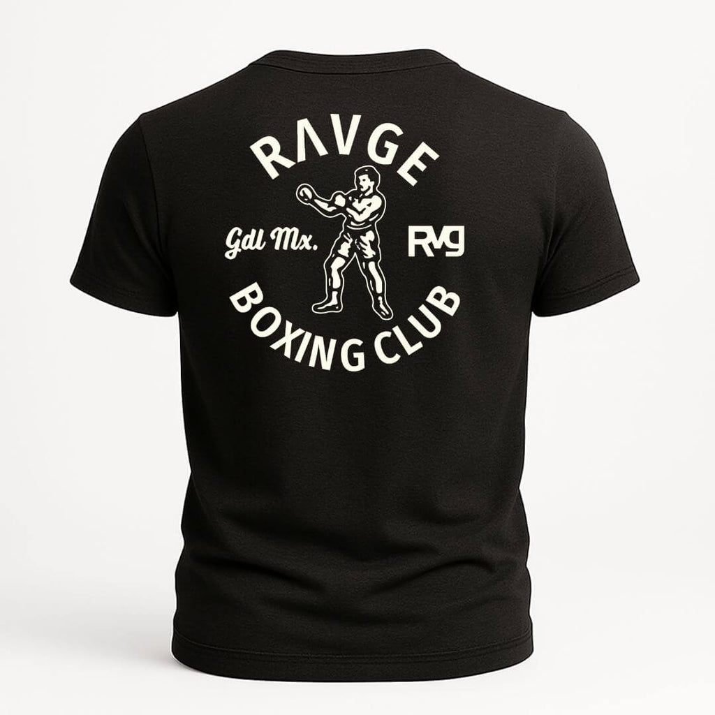 Playera RAVGE boxing club gdl mx de estilo streetwear con grafico clasico de boxeo, disenada para entrenamiento y uso urbano.
