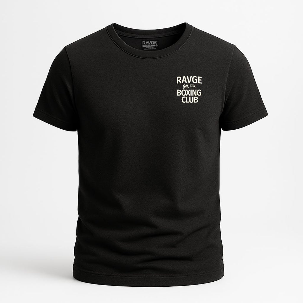 Playera RAVGE boxing club gdl mx de estilo streetwear con grafico clasico de boxeo, disenada para entrenamiento y uso urbano.