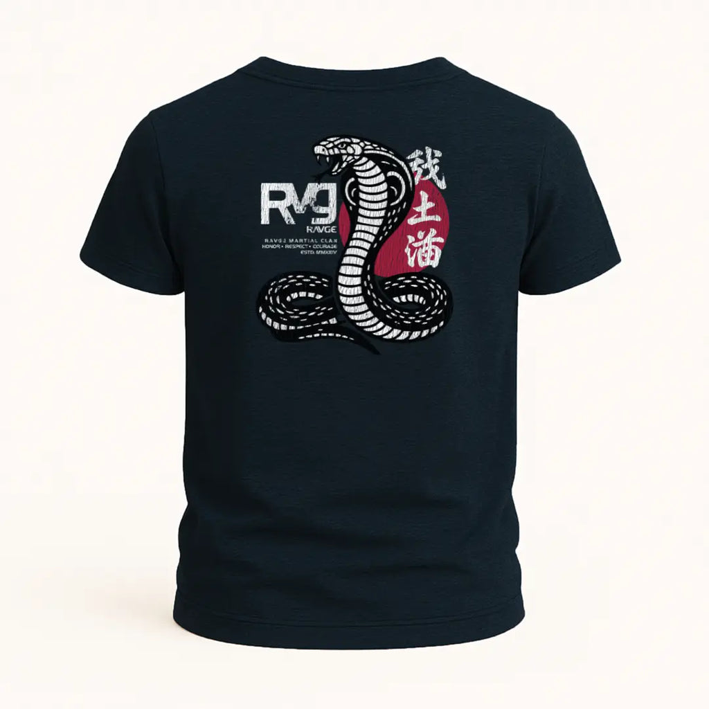 Playera RAVGE Cobra Bushido color azul marino jaspe con grafico en espalda y logo RVG, disenada para uso urbano y entrenamiento.