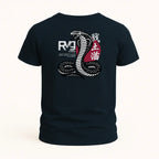 Playera RAVGE Cobra Bushido color azul marino jaspe con grafico en espalda y logo RVG, disenada para uso urbano y entrenamiento.