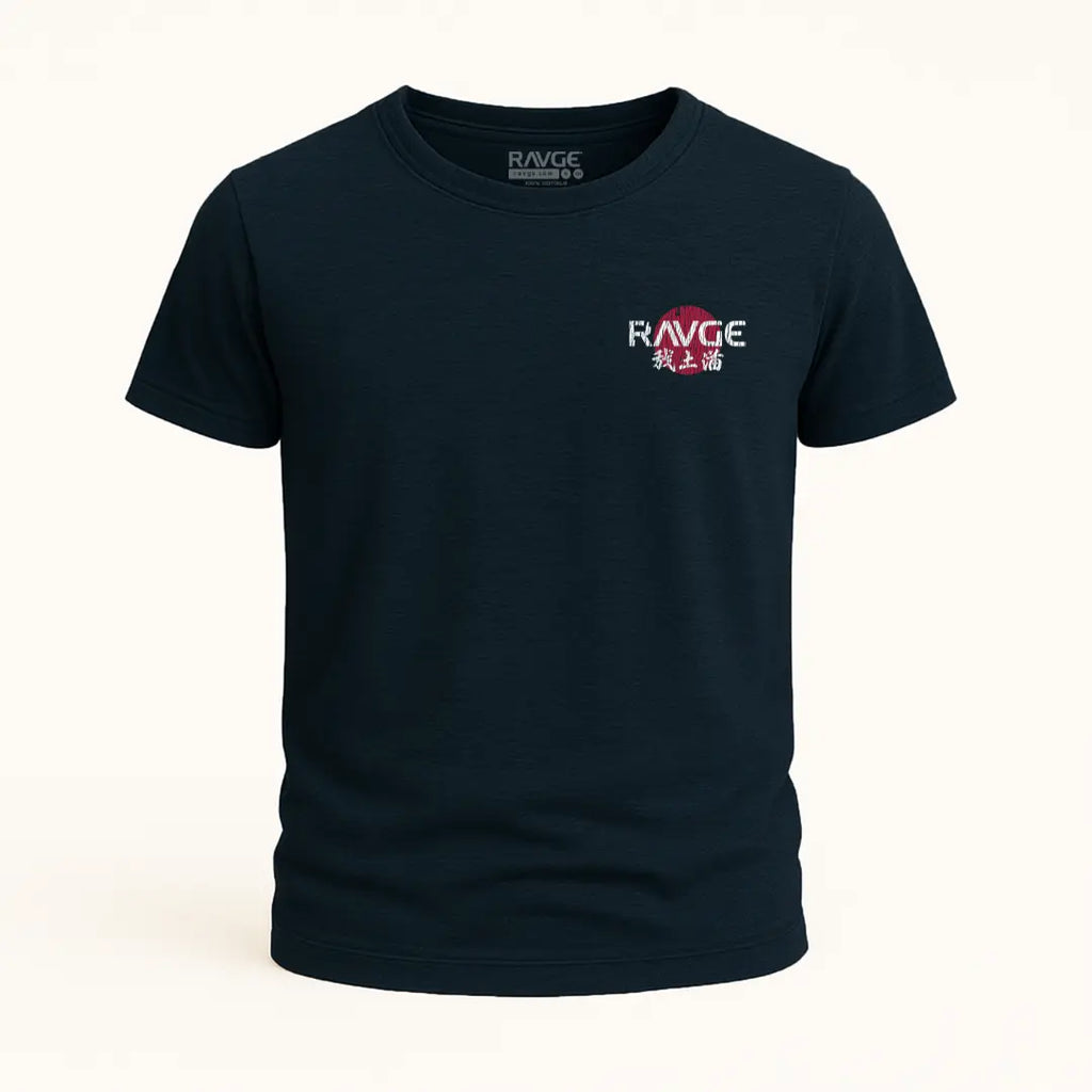 Playera RAVGE Cobra Bushido color azul marino jaspe con grafico en espalda y logo RVG, disenada para uso urbano y entrenamiento.