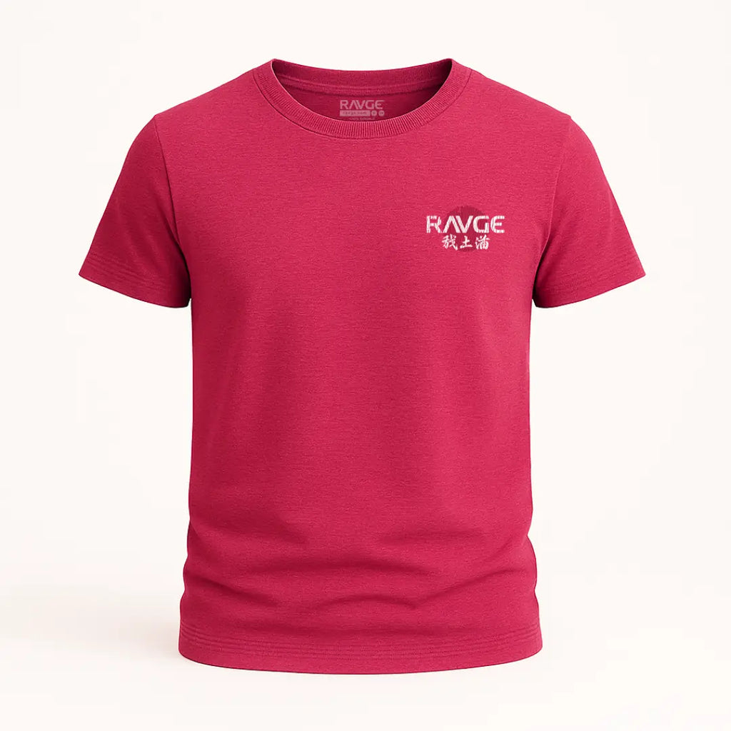 Playera RAVGE Cobra Bushido color rojo jaspe con grafico en espalda y logo RVG, disenada para uso urbano y entrenamiento.