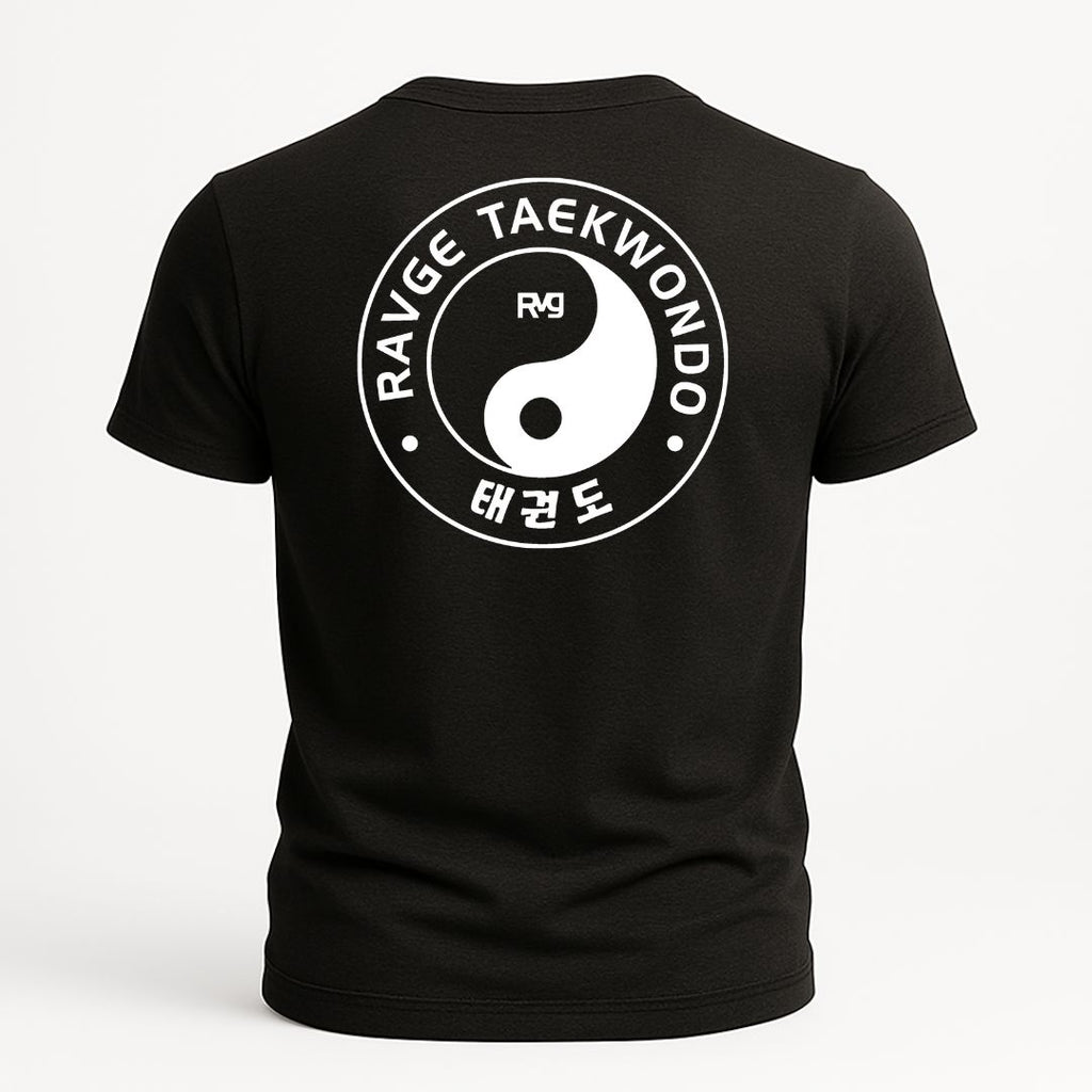 Playera RAVGE taekwondo yin yang edition con grafico circular, disenada para entrenamiento y uso urbano.