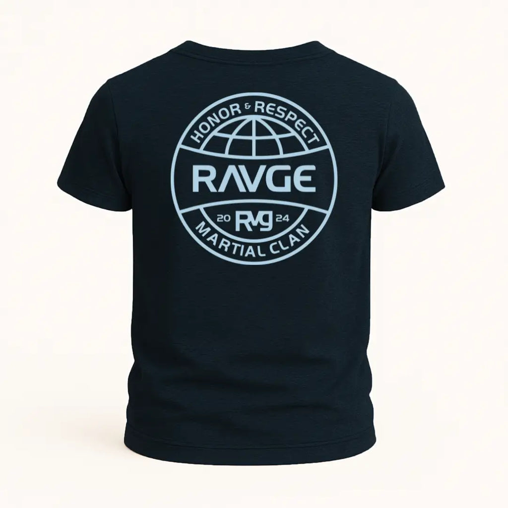 Playera RAVGE Honor color azul marino jaspe con grafico en espalda y logo RVG, disenada para uso urbano y entrenamiento.