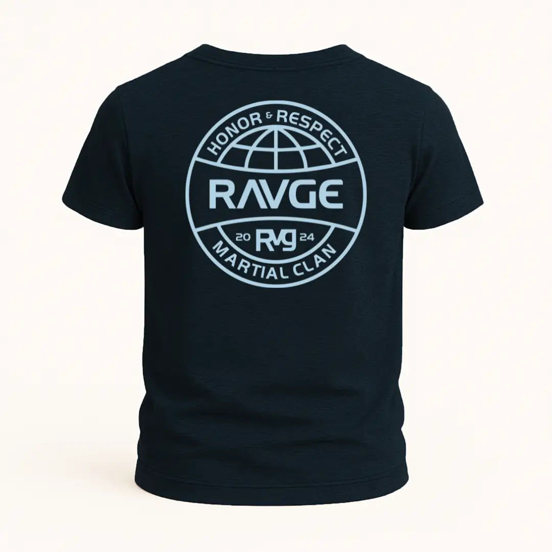 Playera RAVGE Honor color azul marino jaspe con grafico en espalda y logo RVG, disenada para uso urbano y entrenamiento.