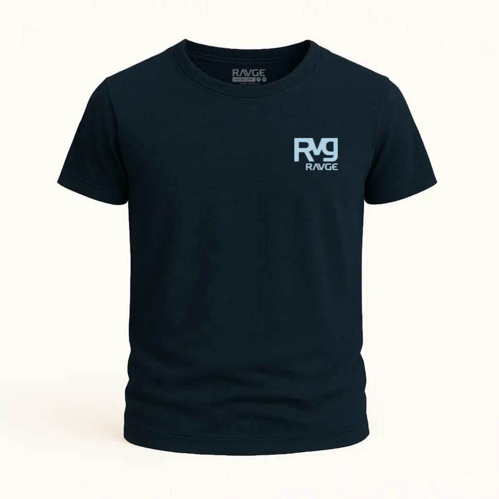 Playera RAVGE Honor color azul marino jaspe con grafico en espalda y logo RVG, disenada para uso urbano y entrenamiento.
