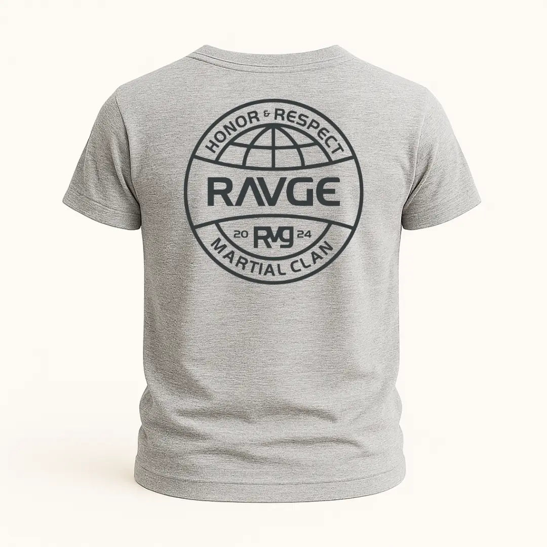 Playera RAVGE Honor color gris jaspe con grafico en espalda y logo RVG, disenada para uso urbano y entrenamiento.