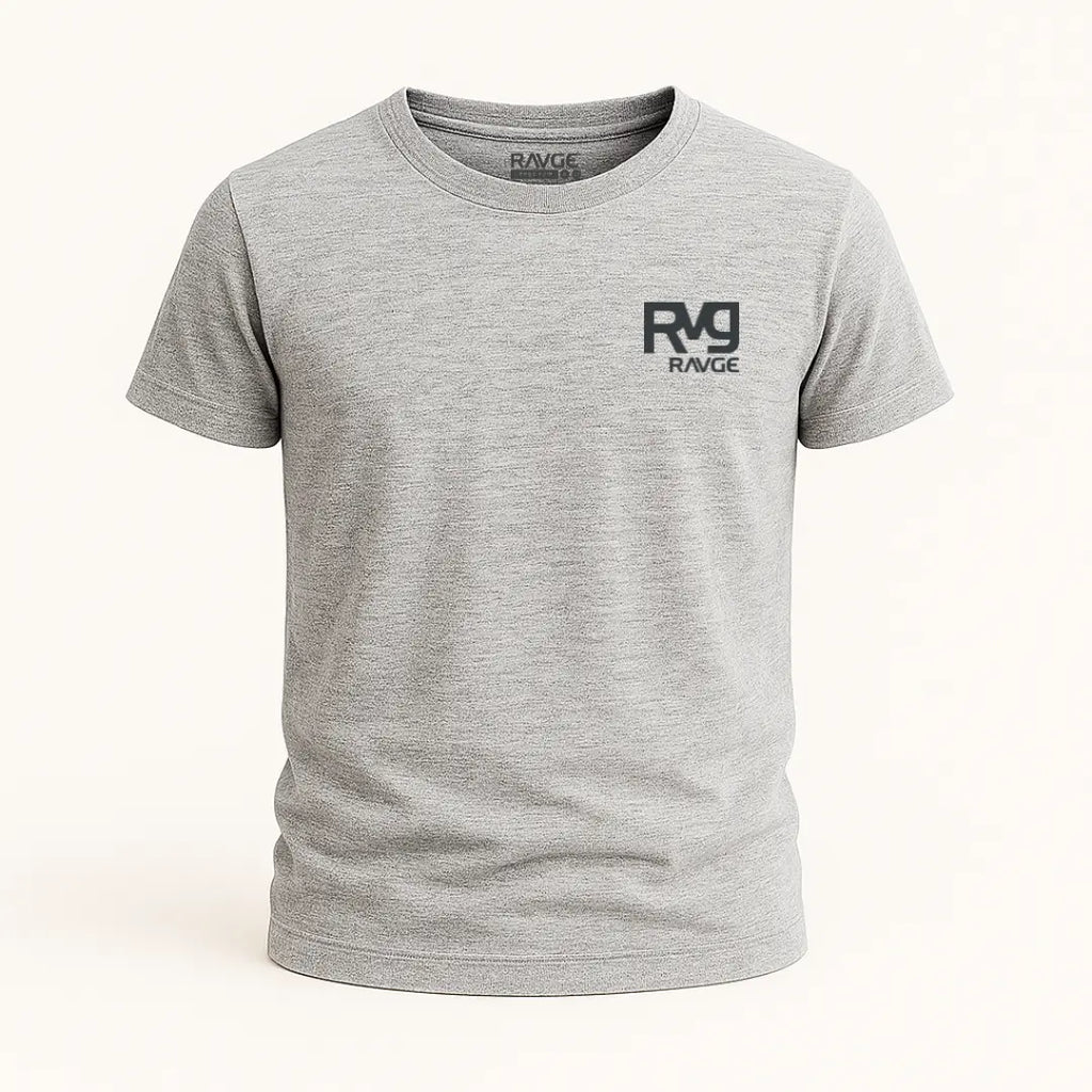 Playera RAVGE Honor color gris jaspe con grafico en espalda y logo RVG, disenada para uso urbano y entrenamiento.