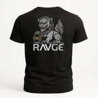 Playera negra RAVGE Lion Fu con grafico en espalda y logo RVG, disenada para uso urbano y entrenamiento.