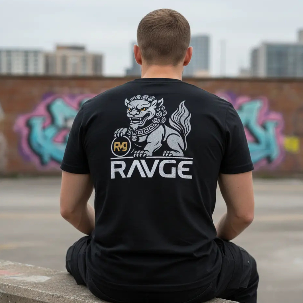 Playera negra RAVGE Lion Fu con grafico en espalda y logo RVG, disenada para uso urbano y entrenamiento.