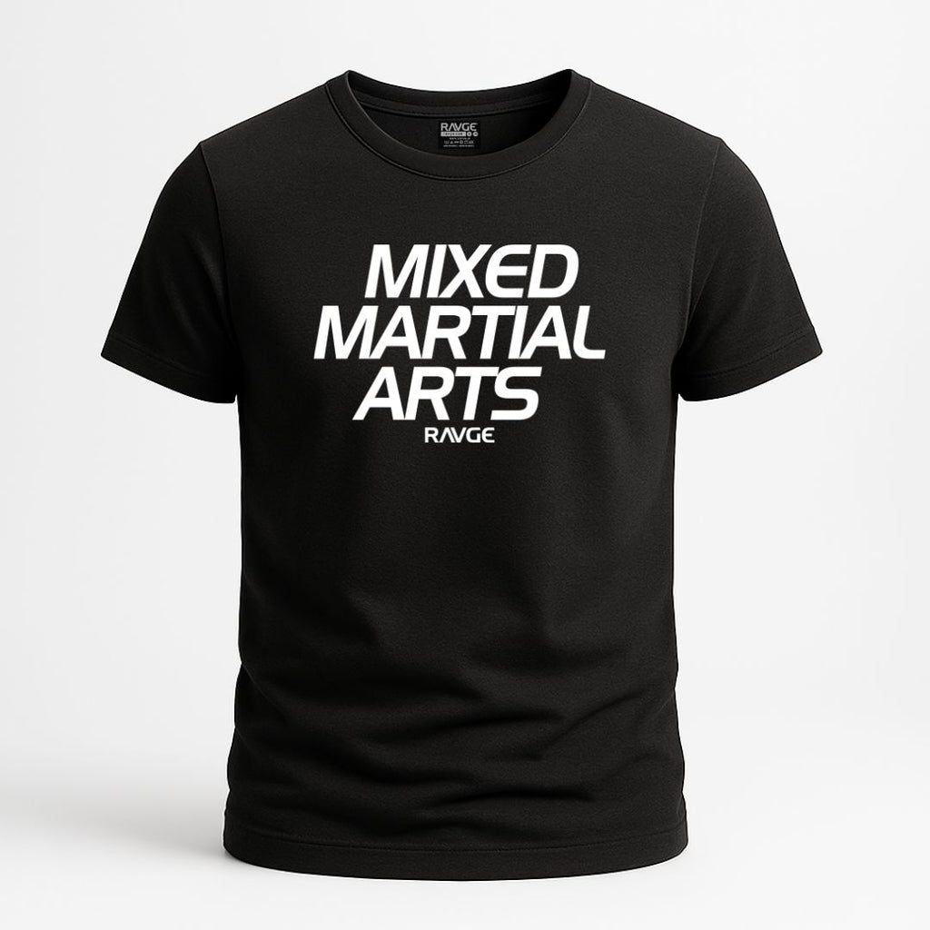 Playera RAVGE Mixed Martial Arts core edition con tipografia frontal, disenada para entrenamiento y uso urbano.