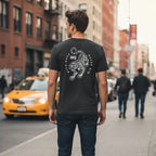 Playera negra RAVGE Wild Ones con grafico en espalda y logo RVG, disenada para uso urbano y entrenamiento.