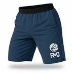 Short RAVGE color acero azul con logo RVG, largo 17 pulgadas, disenado para entrenamiento, artes marciales y uso deportivo.