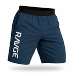 Short RAVGE color acero azul con logo RVG, largo 17 pulgadas, disenado para entrenamiento, artes marciales y uso deportivo.