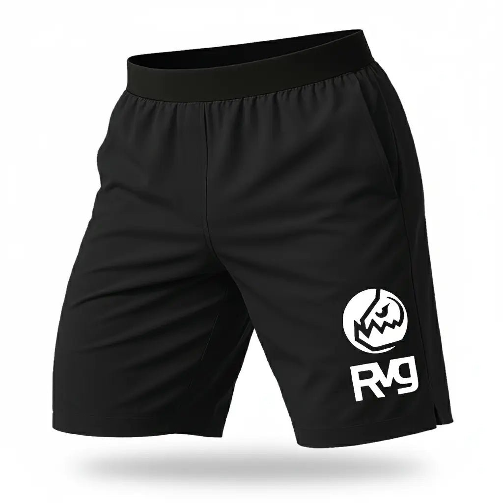 Short RAVGE negro con grafico piranha y logo RVG, largo 17 pulgadas, disenado para entrenamiento, artes marciales y uso deportivo.