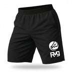 Short RAVGE negro con grafico piranha y logo RVG, largo 17 pulgadas, disenado para entrenamiento, artes marciales y uso deportivo.