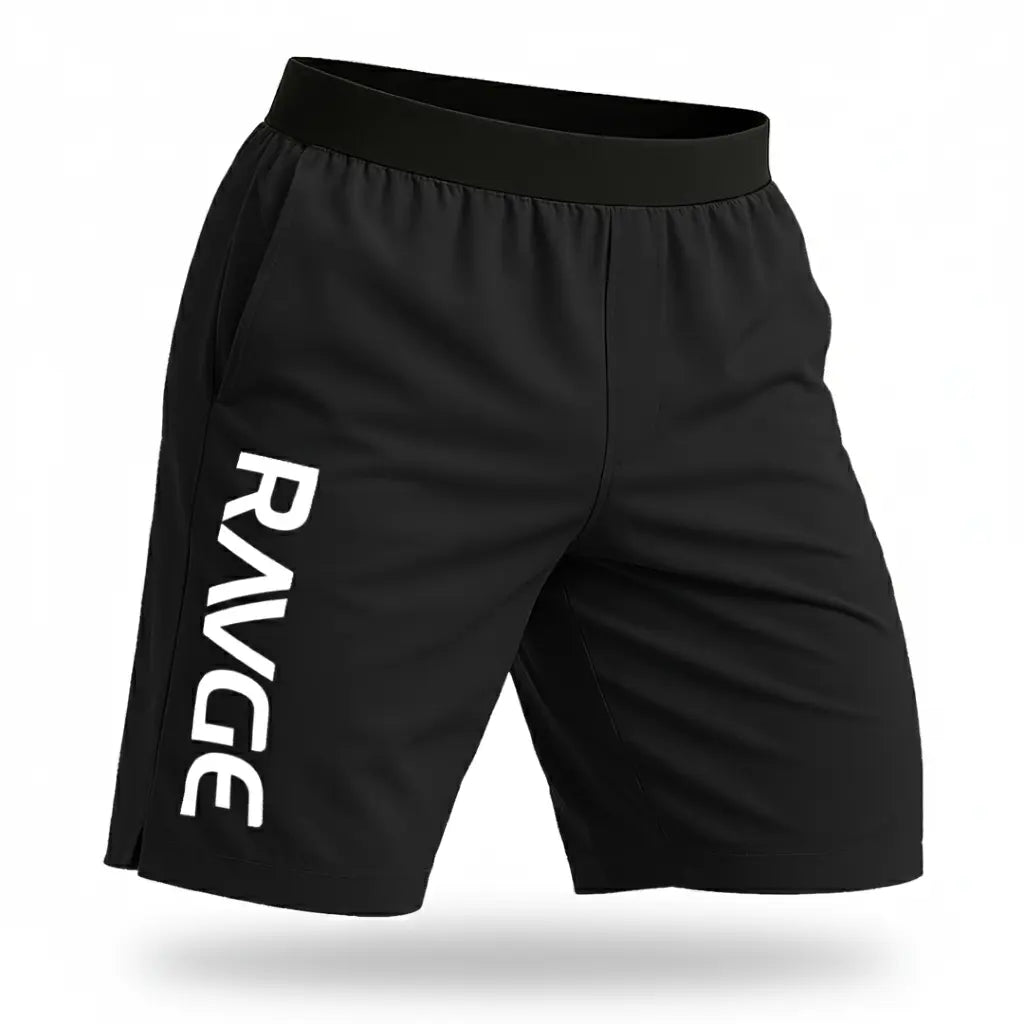 Short RAVGE negro con grafico piranha y logo RVG, largo 17 pulgadas, disenado para entrenamiento, artes marciales y uso deportivo.