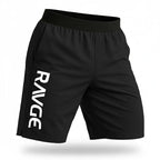 Short RAVGE negro con grafico piranha y logo RVG, largo 17 pulgadas, disenado para entrenamiento, artes marciales y uso deportivo.