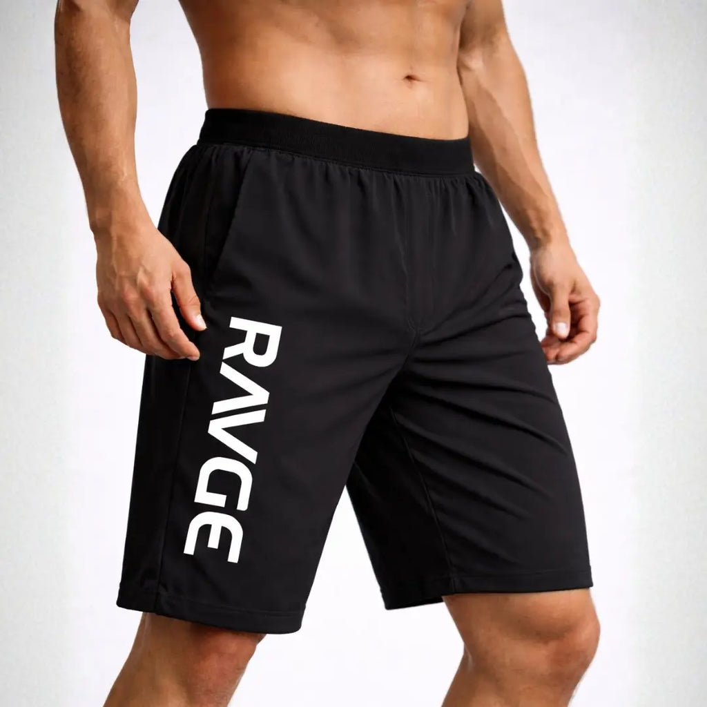 Short RAVGE negro con grafico piranha y logo RVG, largo 17 pulgadas, disenado para entrenamiento, artes marciales y uso deportivo.
