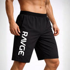 Short RAVGE negro con grafico piranha y logo RVG, largo 17 pulgadas, disenado para entrenamiento, artes marciales y uso deportivo.
