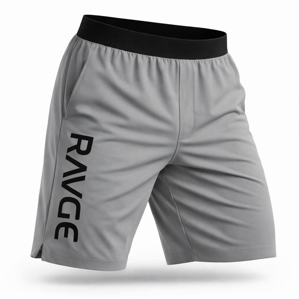 Short RAVGE color gris titanium con logo RVG, largo 17 pulgadas, disenado para entrenamiento, artes marciales y uso deportivo.