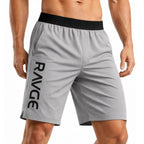 Short RAVGE color gris titanium con logo RVG, largo 17 pulgadas, disenado para entrenamiento, artes marciales y uso deportivo.