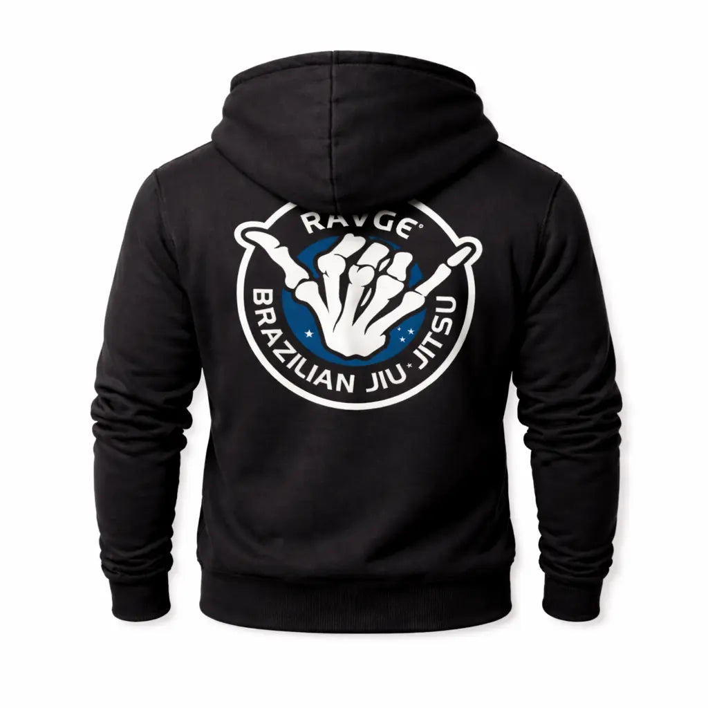 Sudadera negra RAVGE BJJ con grafico en espalda y logotipo RVG, disenada para uso urbano y estilo deportivo.