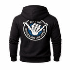 Sudadera negra RAVGE BJJ con grafico en espalda y logotipo RVG, disenada para uso urbano y estilo deportivo.