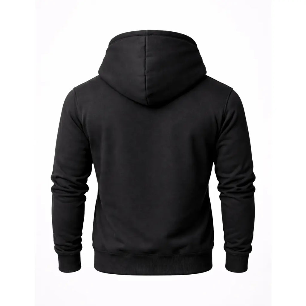 Sudadera negra RAVGE con logotipo en pecho y detalles RVG en manga, disenada para uso urbano y estilo deportivo.