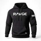 Sudadera negra RAVGE con logotipo en pecho y detalles RVG en manga, disenada para uso urbano y estilo deportivo.