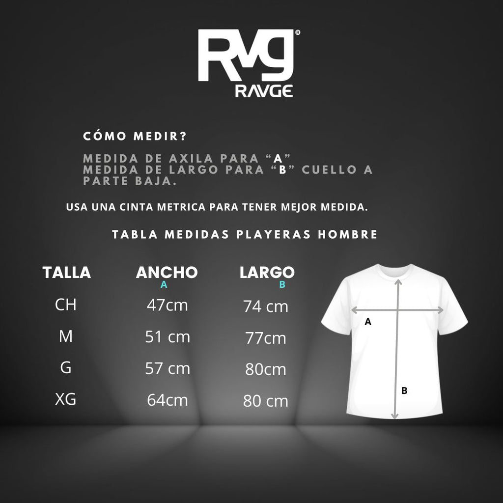 Tabla de medidas de playera RAVGE con tallas y dimensiones para elegir la talla correcta.